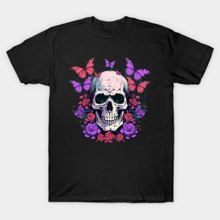 Psychedelic Neon Skull with Roses and Butterflies T-Shirt